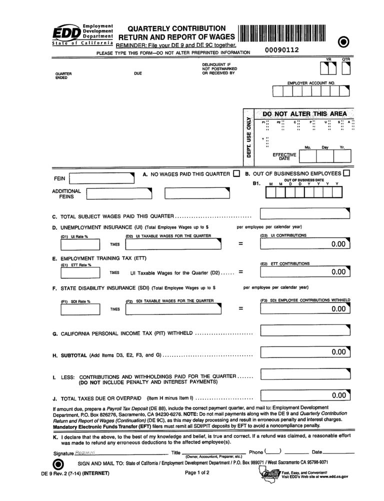 Quarterly Contribution Rerurn and Report of Wages, California Form DE9